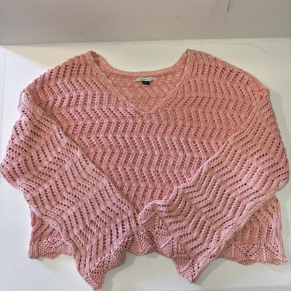 American Eagle Women's XL Pink Open Knit Pullover Crop Sweater See Through
